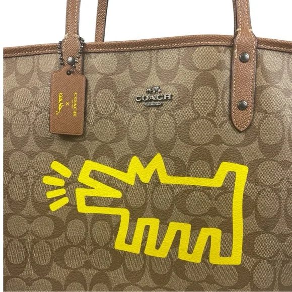 Coach & Keith Haring Monogram Brown Tan Tote Bag with Yellow Barking Dog - Picture 2 of 13